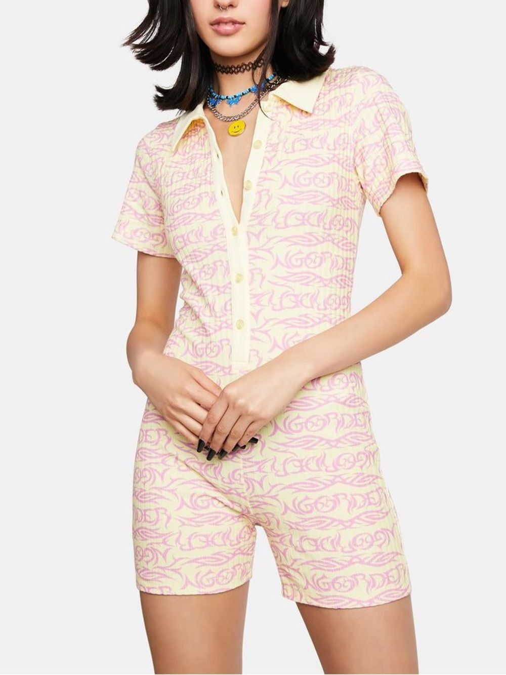 NWOT New Girl Order Yellow/ Pink Ribbed Knit Kawaii Bubble Core Romper Size 12